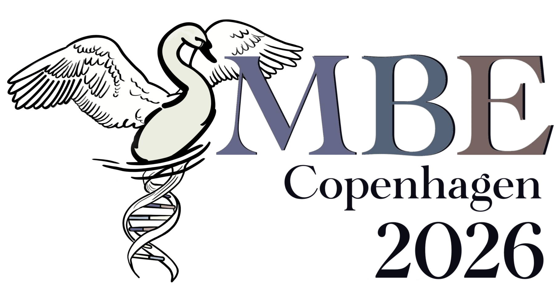 MBE Copenhagen 2026 black swan logo with DNA motif