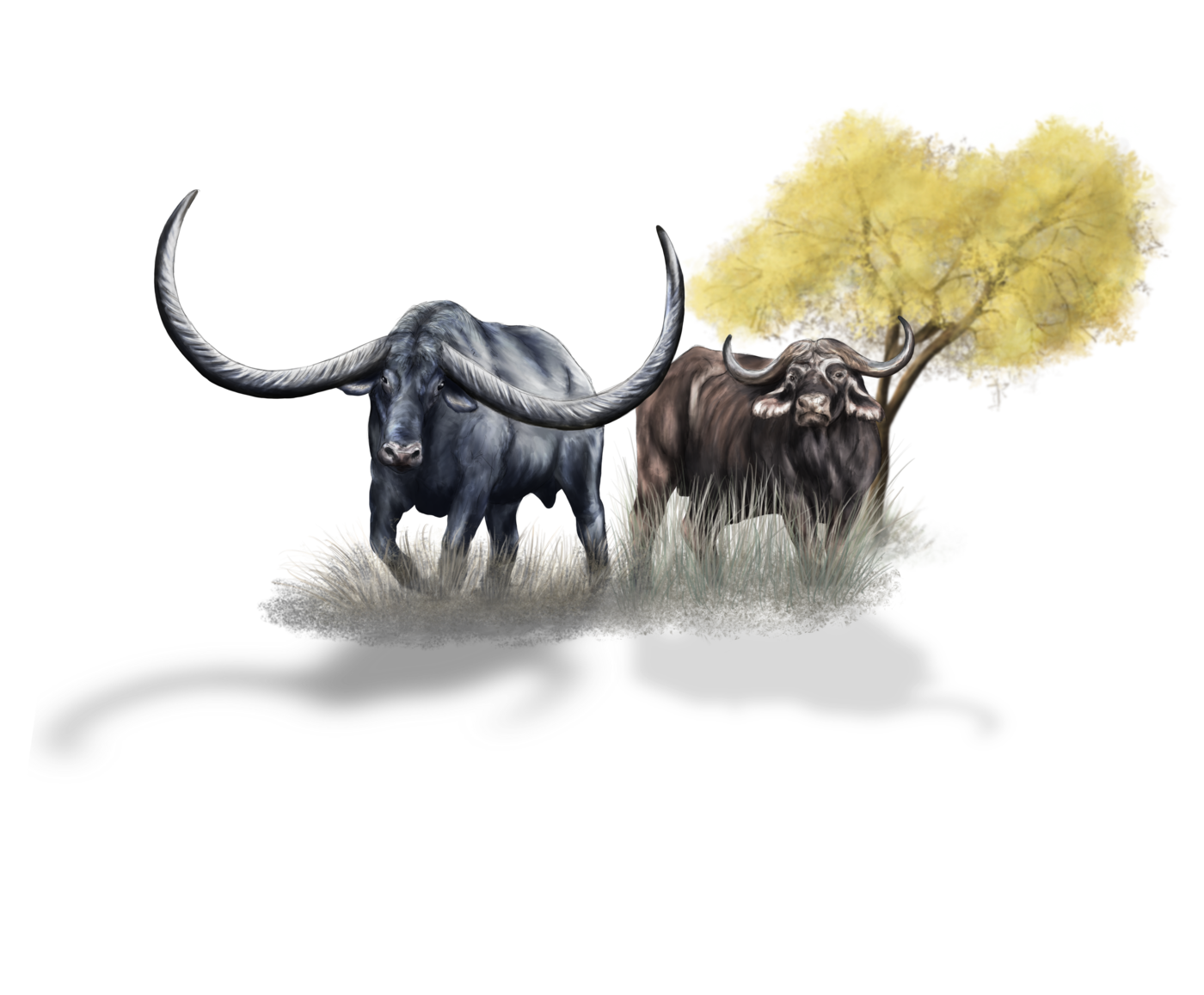 Scientific illustration of two prehistoric mammals beside a tree