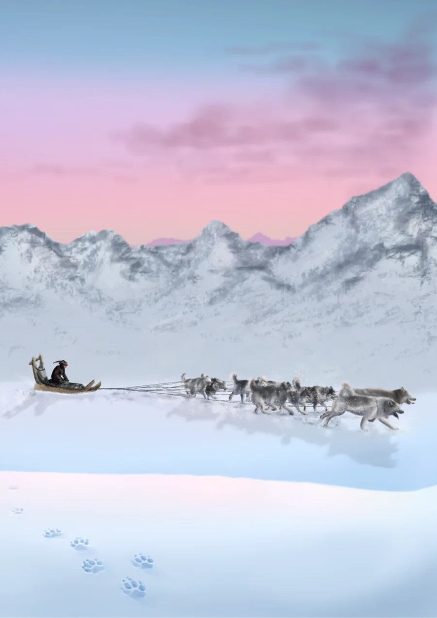 Thesis cover illustration of an Arctic landscape with sled tracks