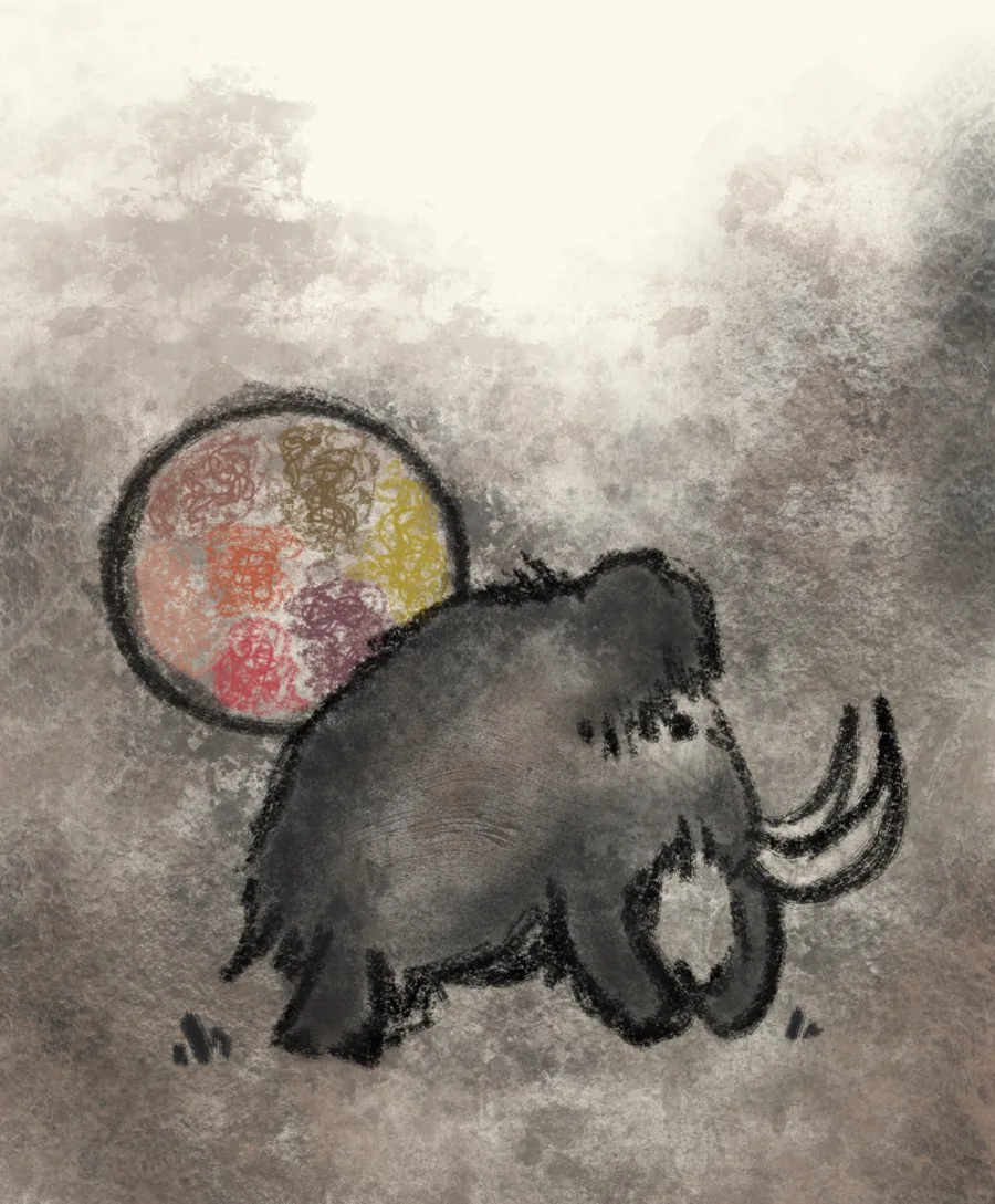Thesis cover illustration of a cave painting inspired mammoth beside a circular motif